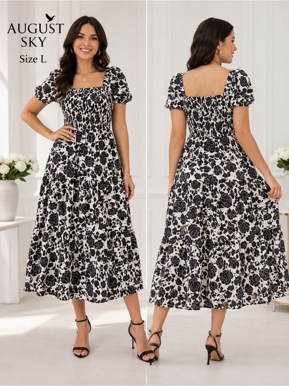 August Sky Floral Smocked Cottagecore Midi Dress Black White Puff Sleeve/L